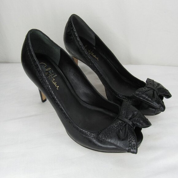Cole Haan Black Leather Peep Toe Paisley Embossed Heels Women's 6.5 - Picture 1 of 9